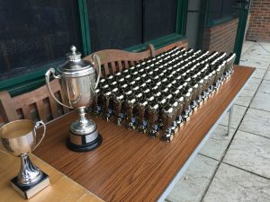 Trophies on table